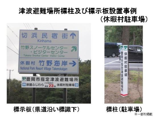 写真：津波避難場所標柱及び標示板設置事例（休暇村駐車場）　標示板（県道沿い標識下）、標柱（駐車場）　一部を掲載