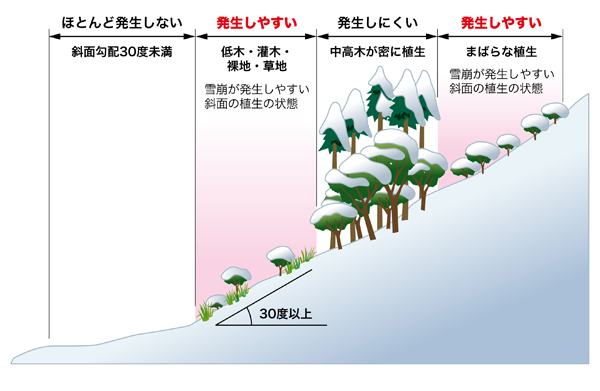 イラスト：雪崩が発生しやすい箇所の説明