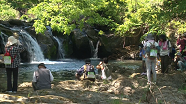 写真：滝の前で休憩する参加者