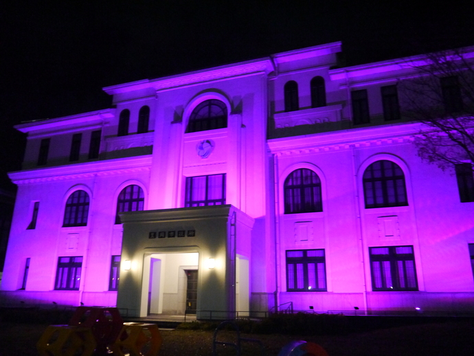 写真：紫色にライトアップされた豊岡稽古堂