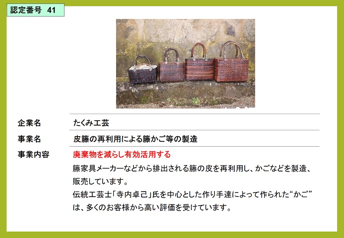 たくみ工芸　皮籐の再利用による籐かご等の製造