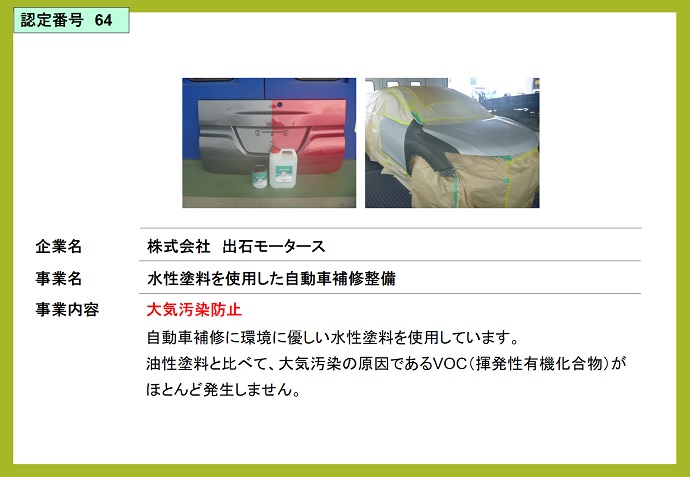 株式会社出石モータース　水性塗料を使用した自動車補修整備