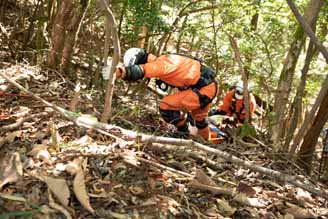 写真：石などを落とさないよう慎重に降りていく消防職員