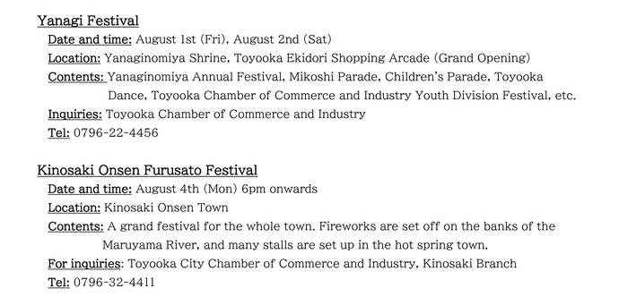 Toyooka Local Information (mid-July to early August)