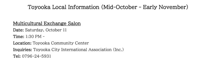 Toyooka Local Information (mid-October to Early November)
