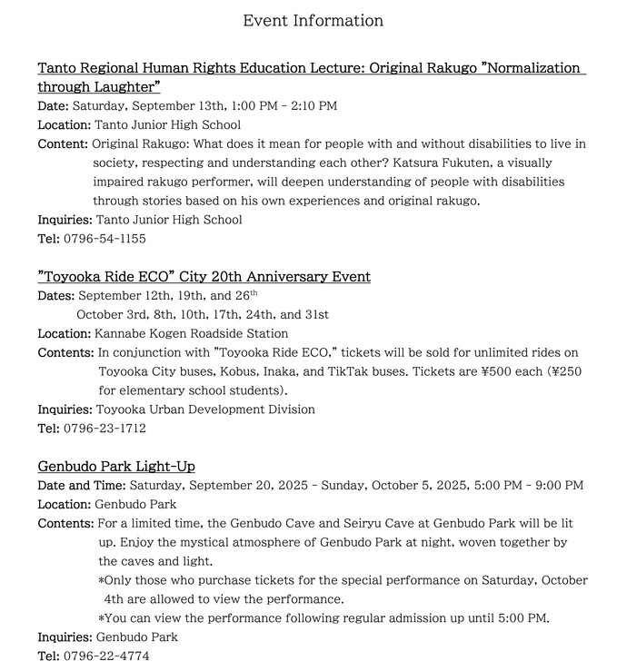 Toyooka Local Information (mid-September to early October)1