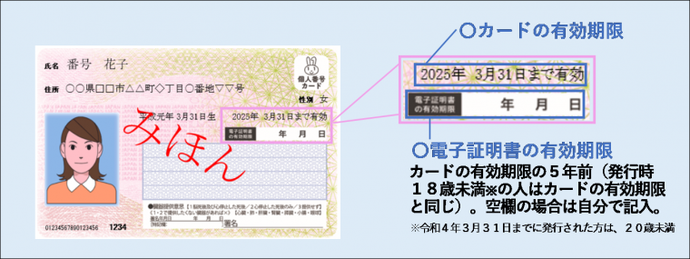 有効期限は、マイナンバーカードの表面でご確認ください。 表面の右上にマイナンバーカード、電子証明書の有効期限が記載されています。