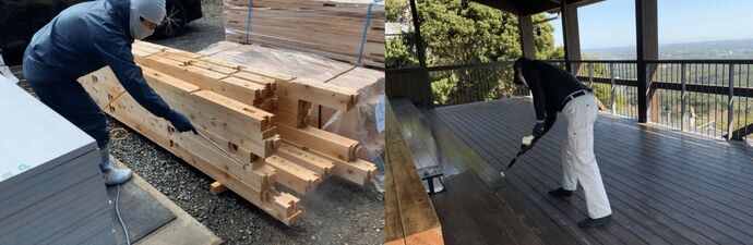 ホウ酸処理、液体ガラス処理を木材に塗布