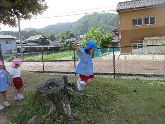 写真：切り株の上からジャンプする様子