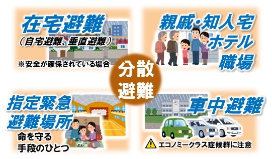 分散避難先は、主に在宅（垂直避難）、親戚・知人宅やホテル、指定緊急避難場所、車中避難などがあります。